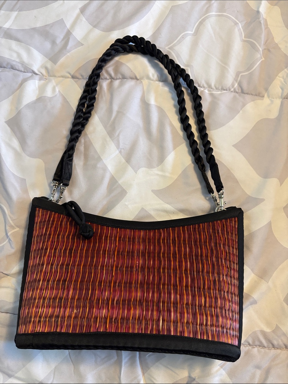 Braided-Handle Woven Shoulder Bag in Red and Orange with Black Trim